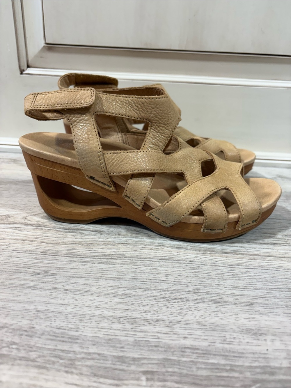 Dansko Beige Leather Wedge Sandals